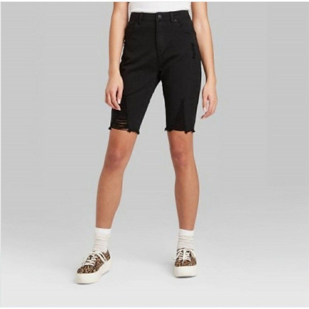 Wild Fable - 00/24- Women's High Rise Bike Distressed Cut offs Shorts Denim Blk